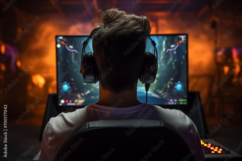 Poster generative ai back view photo image of guy sitting at home playing online game