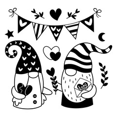 Black and white Valentine gnome clipart in cartoon flat style. Valentines day clipart. Vector illustration