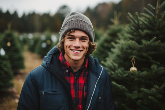 Cheerful positive man in the market selling Christmas trees made with generative ai