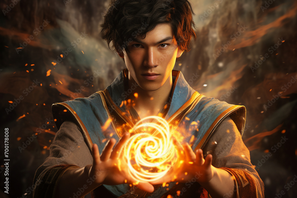 Poster generative ai image picture of powerful elements wizard practicing ice water air fire magic video ga