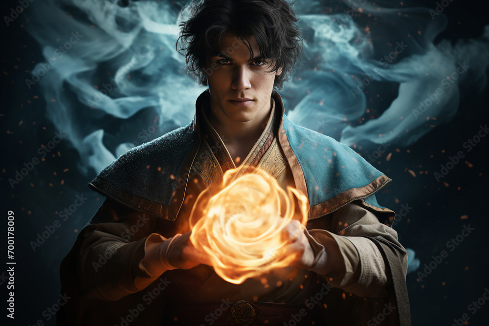 Poster generative ai image picture of powerful elements wizard practicing ice water air fire magic video ga