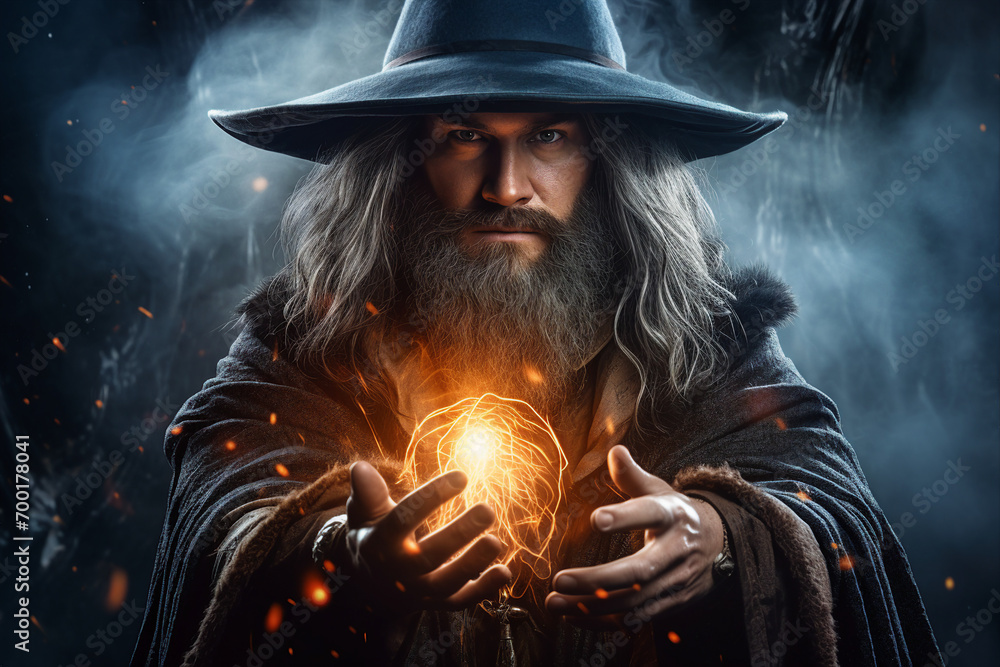 Poster generative ai image picture of powerful elements wizard practicing ice water air fire magic video ga