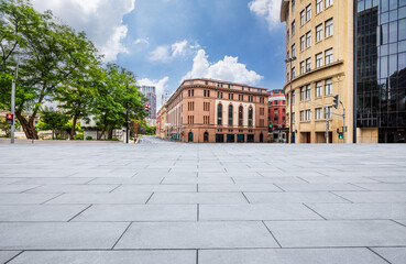 Empty square floor and city architecture landscape in summer