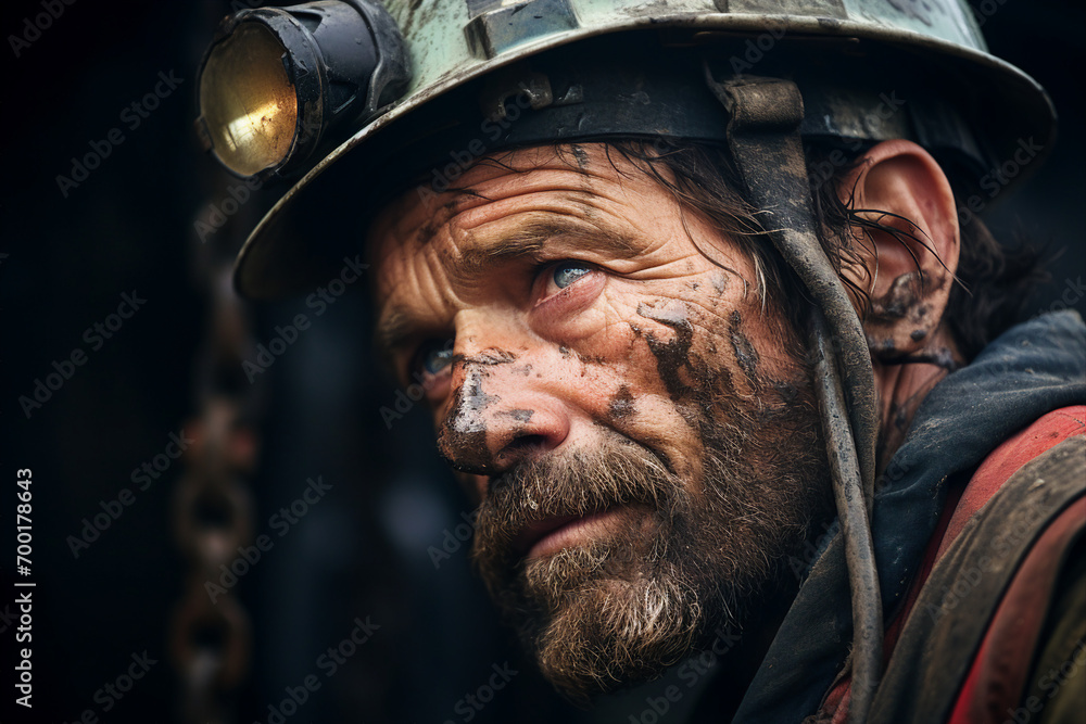 Poster generative ai picture of man dressed in dirty work overalls and hard hat working in a mine cave