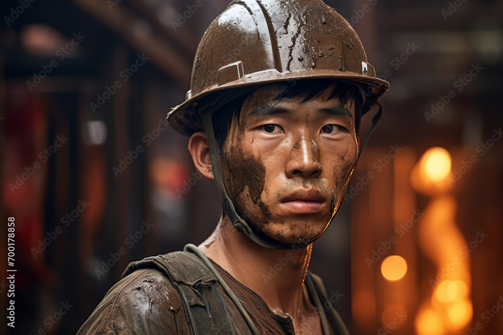 Poster generative ai picture of man dressed in dirty work overalls and hard hat working in a mine cave
