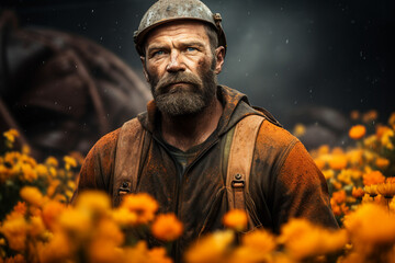 Generative AI surreal picture of an industrial worker in a mine surrounded by fresh aromatic flowers - obrazy, fototapety, plakaty