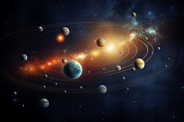 An artist's rendering of a solar system with multiple planets orbiting around a central star generative AI - Powered by Adobe