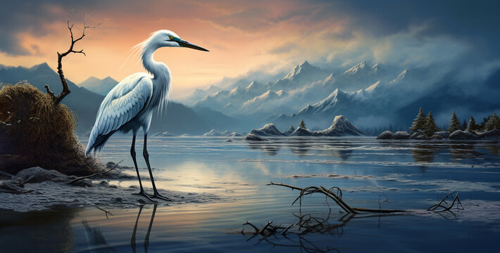 snowy egret wading on the shore with snow capped