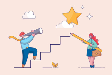 Teamwork ambition, progress and achieve goal, growing business or improvement, motivation to develop path or stair to success, smart businessman using pencil to draw stair climb up to success.