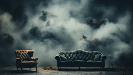 gothic armchair seat and smoke empty room background