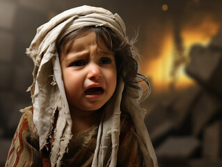 A small Arab child, a girl in dirty ragged clothes, cries against the background of the burning ruins of the city