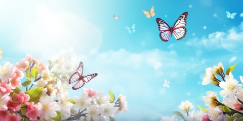 A delicate spring scene featuring pink blossoms, butterflies, and a clear blue sky.