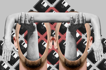 Digital collage in surrealism style with heads, hands of a man and floppy disk on background	