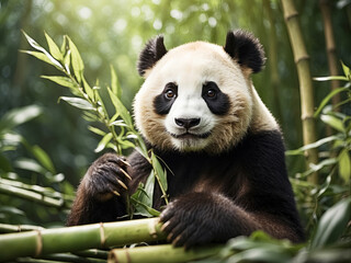 Obraz premium A giant panda bear with bamboo. Generative Ai