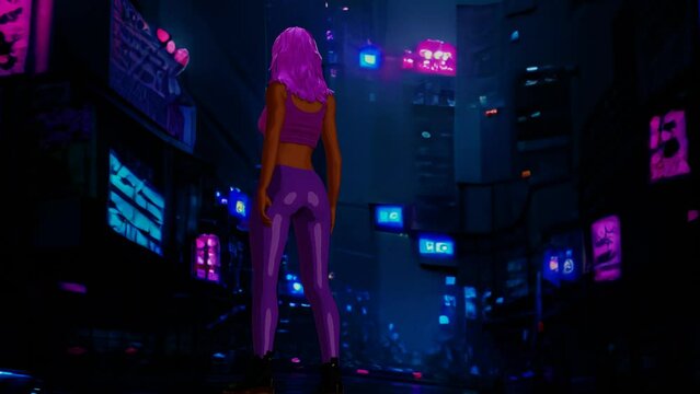 Girl lofi night cyberpunk purple dark theme seamless animation loop moving hands toon look