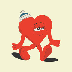 Funky cartoon cute heart in retro 60s-70s style, isolated on a white background. Vector illustration for Valentine's Day.