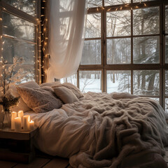 a bed with lights and candles in front of a window