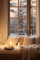 a couch with candles and a blanket in front of a window