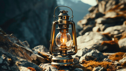 a lantern on rocks