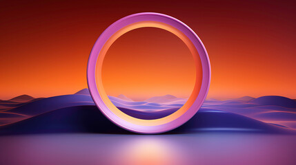 a purple circle with orange and blue hills