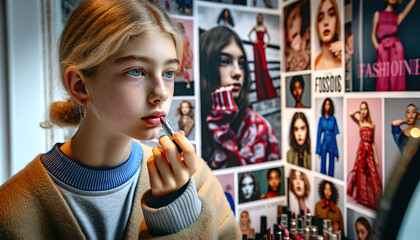 Young girl putting on lipstick in her bedroom with posters of role models on her wall. If pre-teens and teenagers have an unhealthy body image, they might be self-critical and unhappy - obrazy, fototapety, plakaty