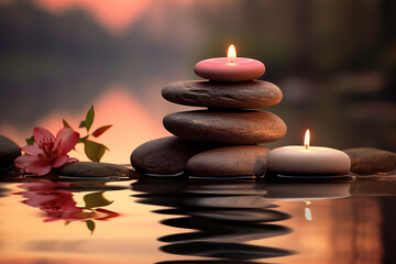 a stack of rocks with candles on top and a flower in the water