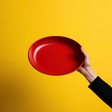 a hand holding a red plate