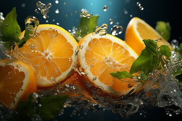 Pomarańcze w Wodnej Eksplozji. Plastry pomarańczy eksplodują w strumieniu wody, tworząc orzeźwiający widok. - obrazy, fototapety, plakaty
