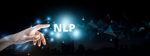 NLP - Natural Language processing technology concept. Chat bot, software and data analysis tools....