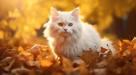 Naklejka na ściany i meble a white cat standing in leaves