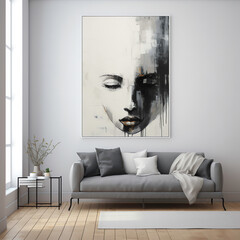 a painting of a woman's face in a room