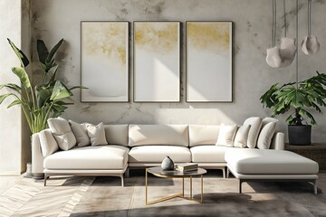 Blank three square Mockup poster frame on the wall of Modern interior design Luxurious living room,  comfortable furniture, 3d illustration