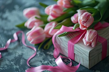 gift box with a pink silk ribbon and a bouquet of pink tullips