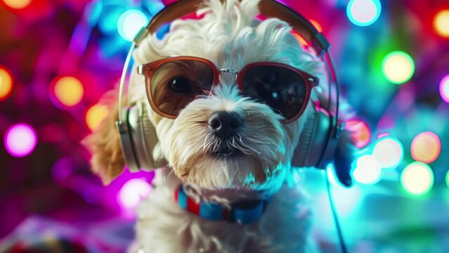 cute collection of puppy dogs with headphones in disco setting