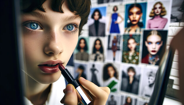 Young girl putting on lipstick in her bedroom with posters of role models on her wall. If pre-teens and teenagers have an unhealthy body image, they might be self-critical and unhappy