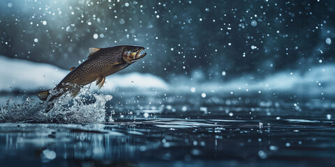 Close-up of a rainbow trout jumping out of the water of winter snowy lake