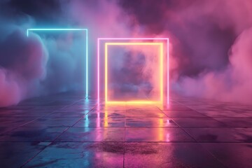 Abstract 3D neon lights in pink, blue, and yellow square frame with copy space, luminous expanse, set against the backdrop of a glowing geometric form.