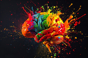 Brain explodes with paints with splashes on a black background. psychology creative concept.