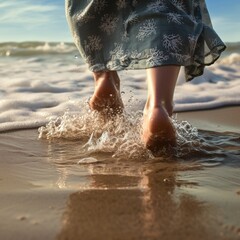 Legs of children stand on the beach. Little girl feet in the sand. Summer beach background. Summertime holidays concept. Copy space.