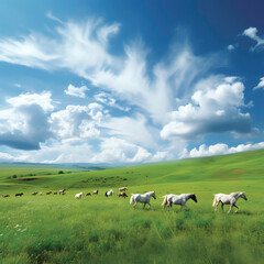 Fototapeta na wymiar a group of horses running on a green field