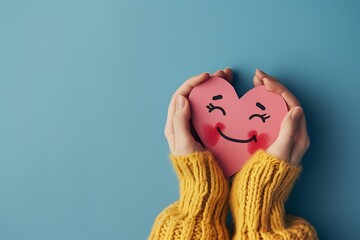 Female hands hold a paper heart with a smiley face isolated over blue background. world heart day, health care, love, organ donation, world health day, wellbeing, gratitude, be kind, be thankful, pray