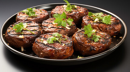 a plate of meat with parsley on top