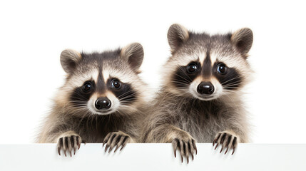 two raccoons holding a white sign
