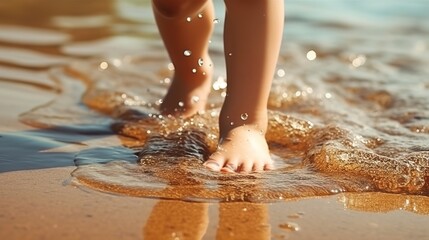 Legs of children stand on the beach. Baby feet in the sand. Kid play on the seashore. Summer beach background. Summertime holidays concept. Copy space.