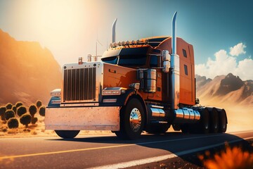 Truck rides on a dusty road in the desert. Sunset. Commercial transport. Truckers. Road transportation. Travel. Logistics. Big machine in motion. Freight transportation. Services. 3D illustation - obrazy, fototapety, plakaty