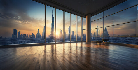 an empty living room interior with the view of burj