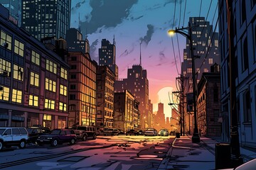 Comic book illustration in the style of busy city, tall buildings, urban background. Pop art retro vector illustration comic style vintage kitsch.