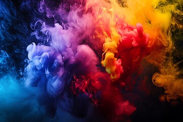 Multicolored neon smoke. and colorful explosions Abstract psychedelic black dark background. - obrazy, fototapety, plakaty