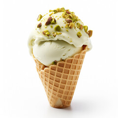 Sweet delicious pistachio ice cream with nuts in a waffle cone on a white background