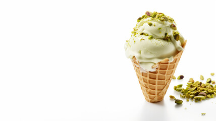 Sweet delicious pistachio ice cream with nuts in a waffle cone on a white background